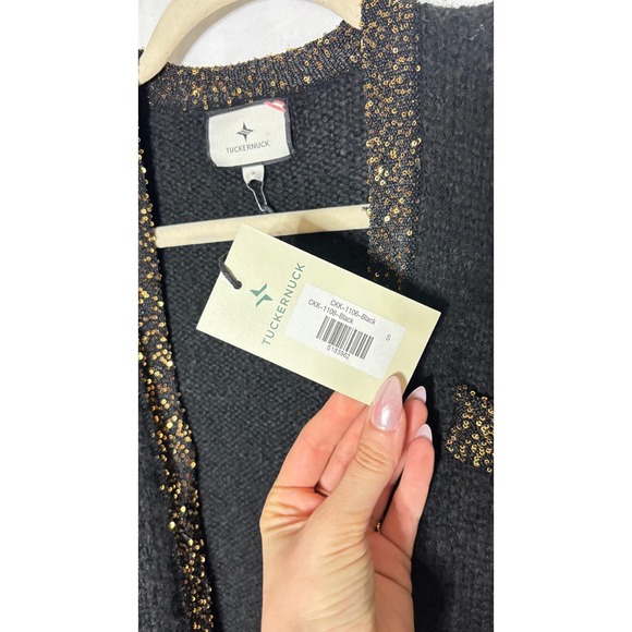 $228 NWT Tuckernuck Black Boucle Fallon Sequin Trim Cardigan Sweater Size S - Picture 6 of 11